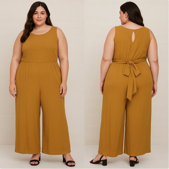 Eloquii NWT Women's Plus Size 16 Camel Tan Sleeveless Tie Back Wide Leg Jumpsuit - Picture 1 of 8